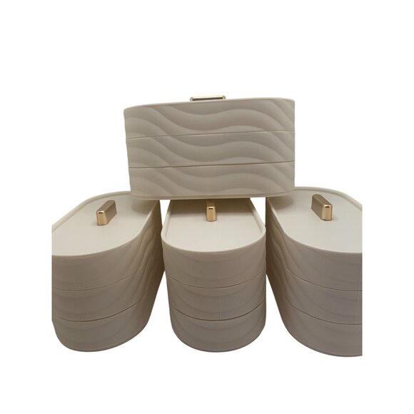 Stackable Oval Storage Box With Lid & Dividers White Wave Pattern Set Of 4 - Picture 1 of 4